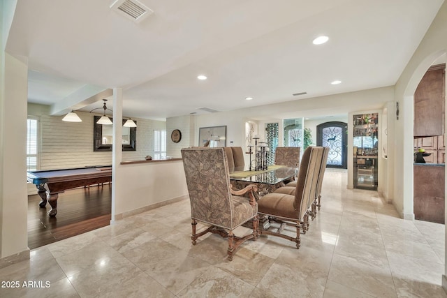 dining room with pool table, recessed lighting, arched walkways, and visible vents