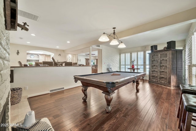 recreation room featuring recessed lighting, visible vents, wood finished floors, and pool table