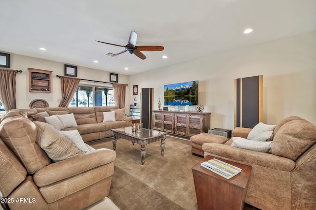 carpeted living area featuring visible vents, recessed lighting, and ceiling fan