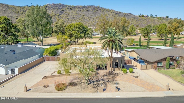 aerial view with a mountain view and a residential view