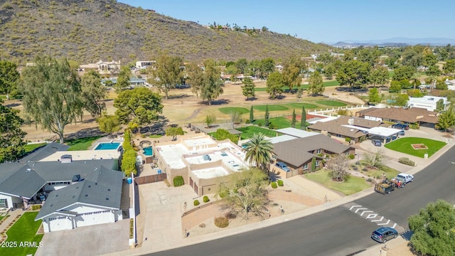 aerial view featuring a residential view and a mountain view