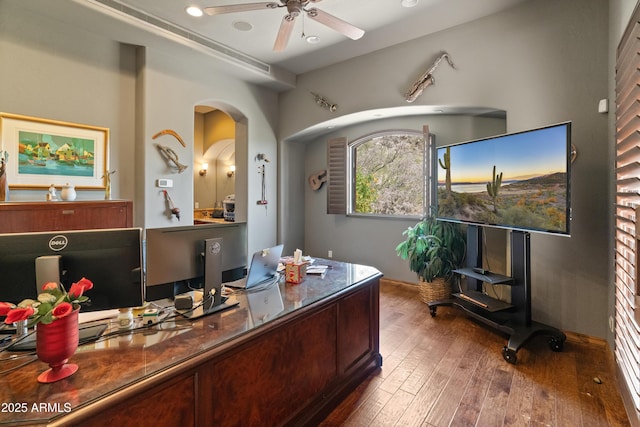 11550 E Paradise Ln, Scottsdale, AZ 85255 - office space featuring a ceiling fan, hardwood / wood-style floors, arched walkways, recessed lighting, and baseboards