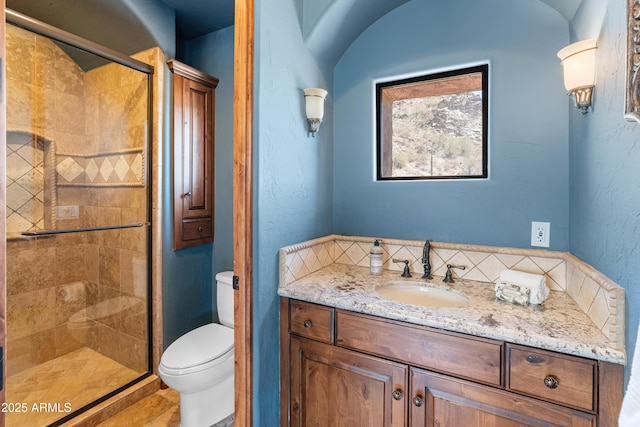 11550 E Paradise Ln, Scottsdale, AZ 85255 - full bath with toilet, a shower stall, vanity, and tile patterned flooring