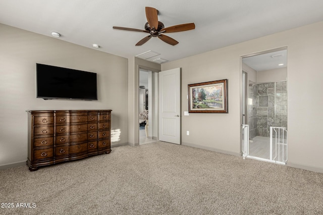 20784 W Minnezona Ave, Buckeye, AZ 85396 - carpeted bedroom with baseboards, ceiling fan, and connected bathroom