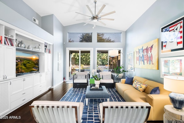 living room with ceiling fan, dark hardwood / wood-style floors, and high vaulted ceiling