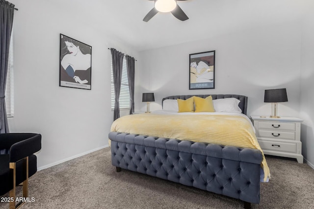 bedroom featuring carpet, ceiling fan, and baseboards