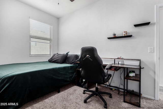 bedroom featuring carpet, baseboards, and ceiling fan