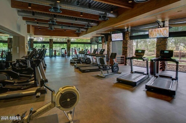 gym featuring rail lighting and a towering ceiling