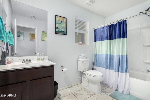 full bathroom featuring vanity, toilet, and shower / bathtub combination with curtain