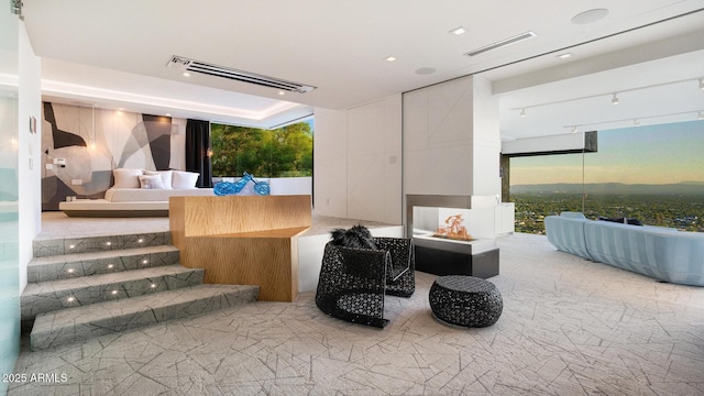 patio terrace at dusk featuring an outdoor living space