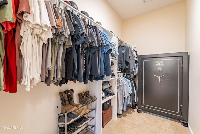 spacious closet featuring light colored carpet