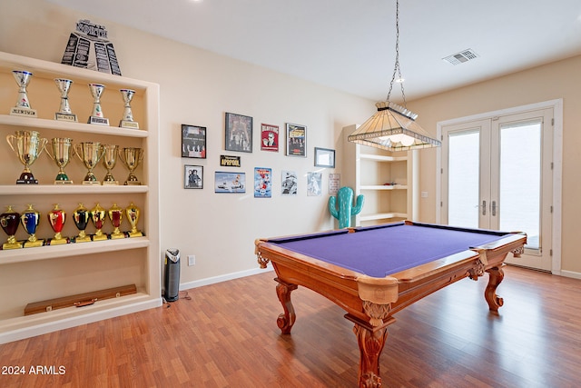 game room with french doors, billiards, and wood-type flooring