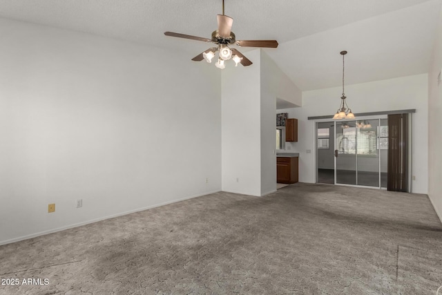 1501 E Colonial Dr, Chandler, AZ 85249 - unfurnished living room with high vaulted ceiling, baseboards, a ceiling fan, and carpet flooring