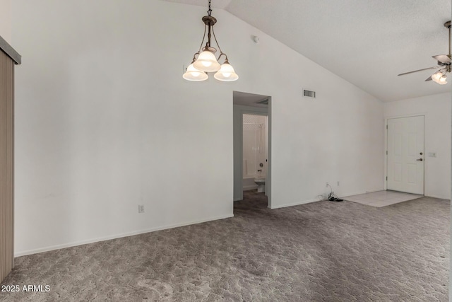 1501 E Colonial Dr, Chandler, AZ 85249 - interior space with carpet, visible vents, baseboards, high vaulted ceiling, and ceiling fan