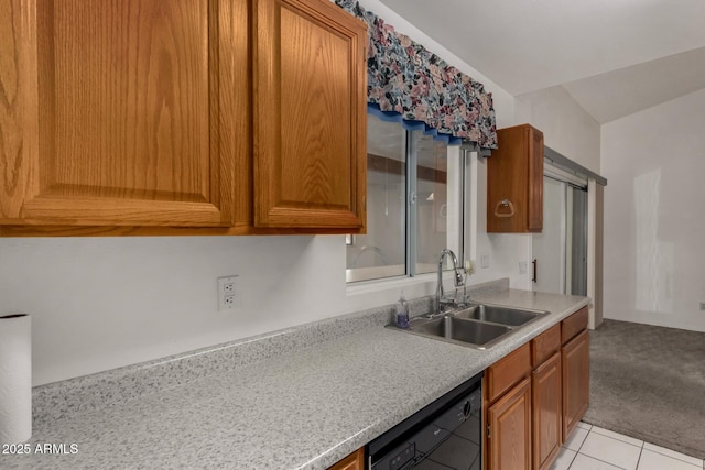 1501 E Colonial Dr, Chandler, AZ 85249 - kitchen featuring a sink, light tile patterned floors, light carpet, light countertops, and black dishwasher