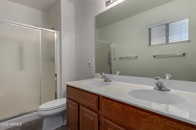 1501 E Colonial Dr, Chandler, AZ 85249 - bathroom featuring toilet, a sink, double vanity, and a stall shower