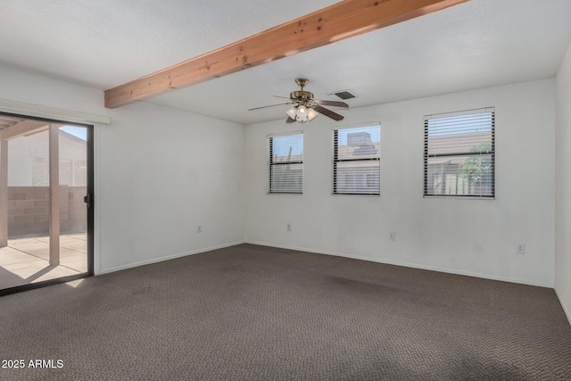 1501 E Colonial Dr, Chandler, AZ 85249 - carpeted empty room with beamed ceiling, visible vents, baseboards, and a healthy amount of sunlight