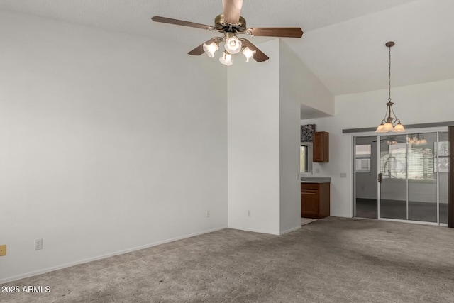 1501 E Colonial Dr, Chandler, AZ 85249 - unfurnished living room featuring high vaulted ceiling, ceiling fan, baseboards, and carpet