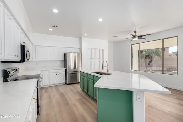 kitchen with white cabinetry, sink, stainless steel appliances, a center island with sink, and green cabinetry