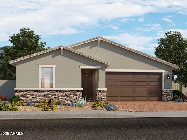 ranch-style home featuring an attached garage, stone siding, and stucco siding