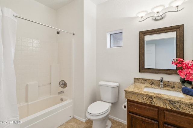 full bathroom with tile patterned floors, shower / bath combination with curtain, toilet, and vanity