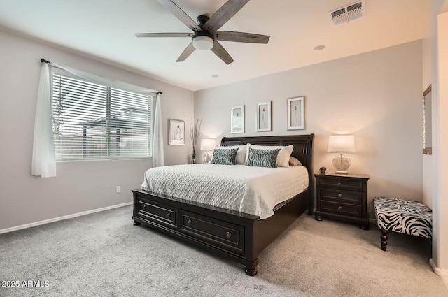 bedroom featuring visible vents, ceiling fan, light carpet, and baseboards