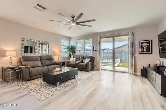 living room featuring a ceiling fan, light wood-type flooring, visible vents, and baseboards