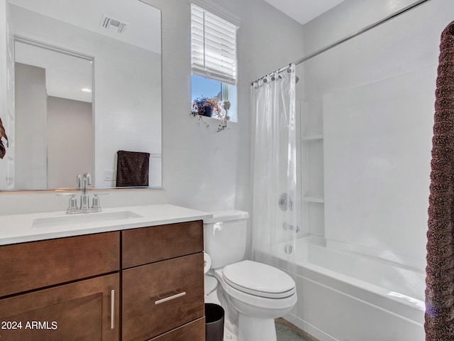bathroom featuring vanity, shower / bathtub combination with curtain, visible vents, and toilet