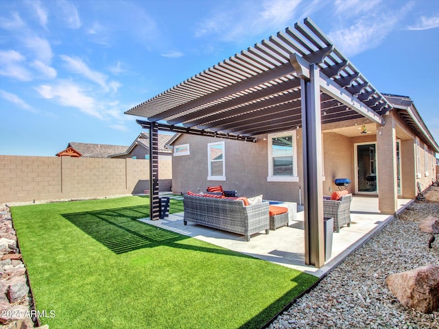 exterior space with a pergola, outdoor lounge area, a fenced backyard, a lawn, and a patio
