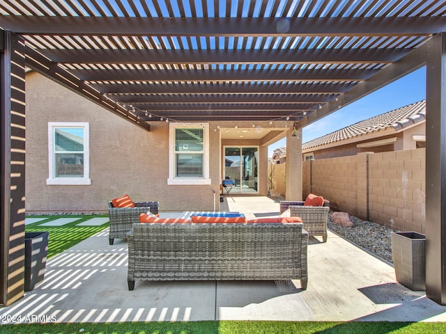 view of patio / terrace featuring an outdoor hangout area and a pergola