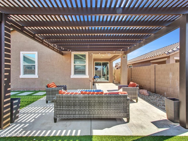 view of patio with an outdoor hangout area and fence