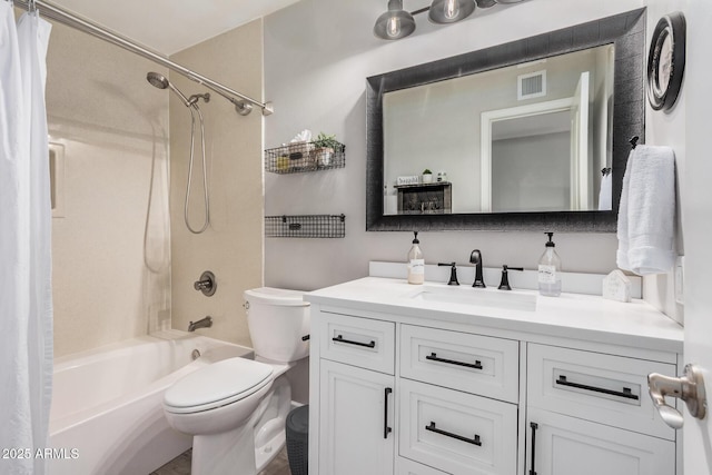 full bath featuring visible vents, toilet, vanity, and shower / bathtub combination with curtain