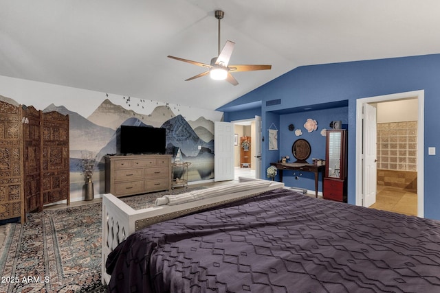 15011 N 45th Pl, Phoenix, AZ 85032 - bedroom with lofted ceiling, ceiling fan, and ensuite bathroom