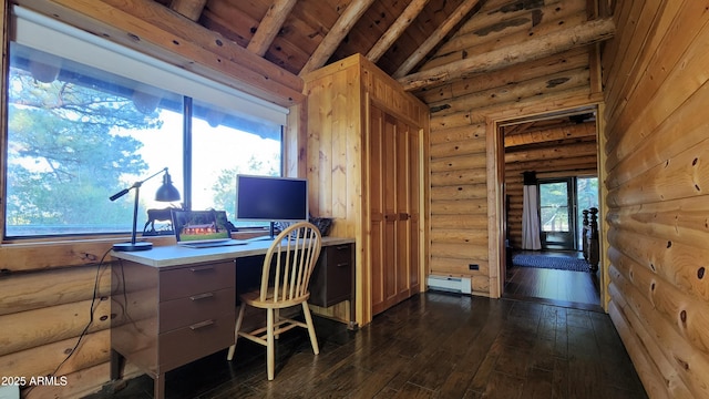 12814 E Dream Acres Ln, Parks, AZ 86018 - home office featuring dark wood finished floors, wood ceiling, log walls, and a baseboard heating unit
