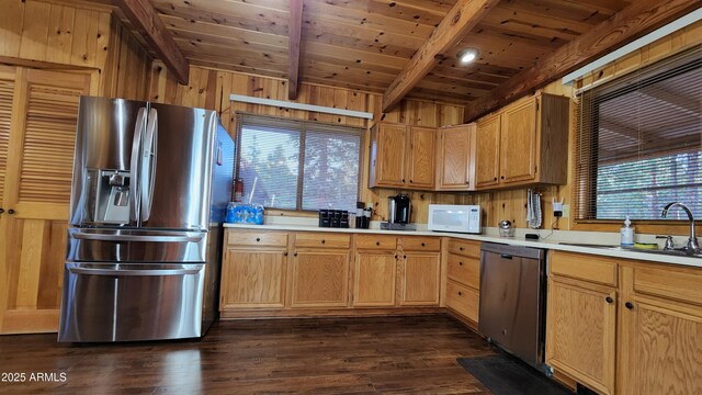 12814 E Dream Acres Ln, Parks, AZ 86018 - kitchen with stainless steel appliances, wood ceiling with exposed beams, light countertops, dark wood-type flooring, and a sink