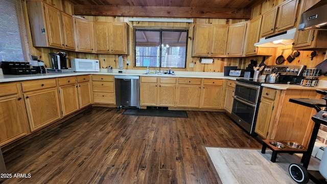 12814 E Dream Acres Ln, Parks, AZ 86018 - kitchen featuring stainless steel appliances, a sink, dark wood-style floors, wood ceiling, and light countertops