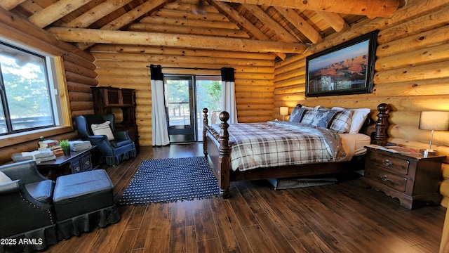 12814 E Dream Acres Ln, Parks, AZ 86018 - bedroom with hardwood / wood-style floors, wooden ceiling, and log walls