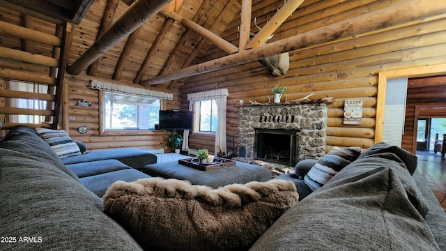 12814 E Dream Acres Ln, Parks, AZ 86018 - living room featuring hardwood / wood-style floors, wood ceiling with exposed beams, rustic walls, high vaulted ceiling, and a fireplace