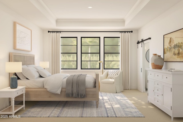 bedroom featuring light colored carpet, a raised ceiling, a barn door, and ornamental molding