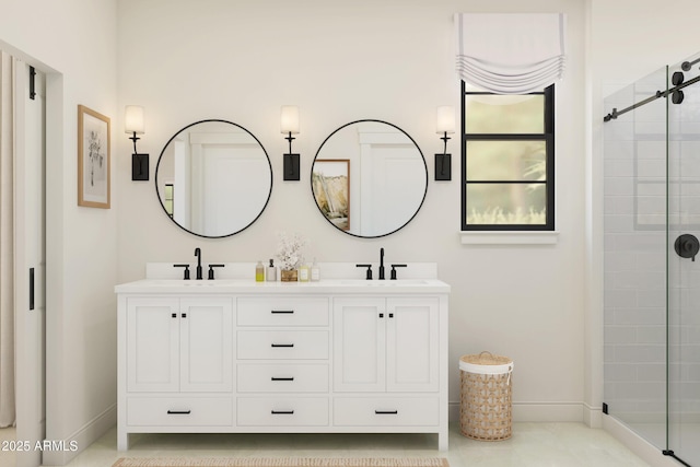 bathroom with double vanity, a stall shower, and a sink