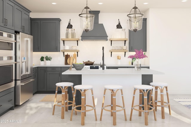 kitchen featuring open shelves, stainless steel appliances, custom exhaust hood, and light countertops