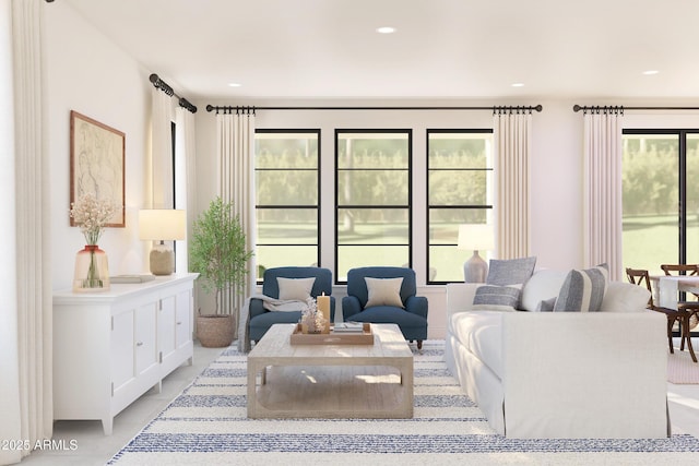 living area featuring recessed lighting and light tile patterned flooring