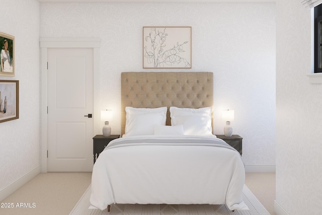 carpeted bedroom featuring baseboards and wallpapered walls