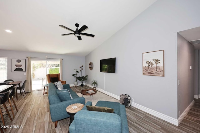 4609 E Monte Cristo Ave, Phoenix, AZ 85032 - living area featuring light wood finished floors, ceiling fan, baseboards, recessed lighting, and high vaulted ceiling