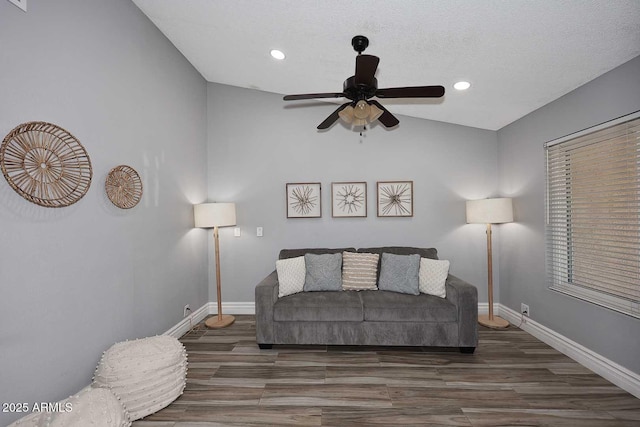 4609 E Monte Cristo Ave, Phoenix, AZ 85032 - living area featuring a ceiling fan, wood finished floors, recessed lighting, baseboards, and lofted ceiling