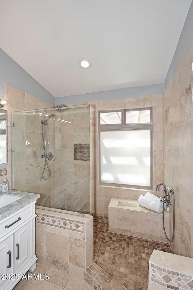 4609 E Monte Cristo Ave, Phoenix, AZ 85032 - full bath with vaulted ceiling, walk in shower, vanity, and recessed lighting