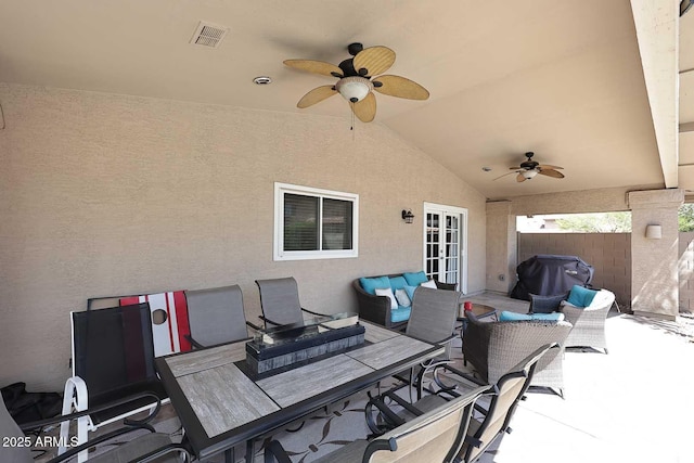 4609 E Monte Cristo Ave, Phoenix, AZ 85032 - view of patio / terrace featuring outdoor dining area, a ceiling fan, an outdoor living space, and fence