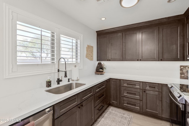 kitchen with dark brown cabinets, appliances with stainless steel finishes, a sink, and light countertops