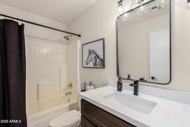 full bath with visible vents, shower / tub combo with curtain, vanity, and toilet