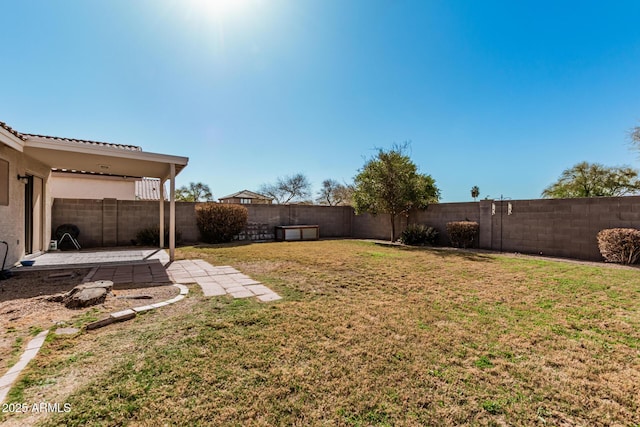 view of yard with a patio and a fenced backyard